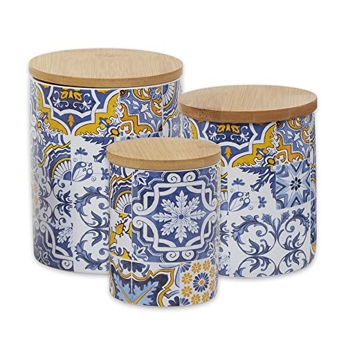 Three containers with a Portuguese azulejos pattern