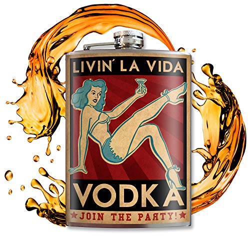 Flask with "living la vida vodka, join the party"