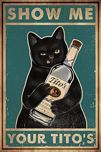 Metal tin poster with a cat holding a bottle of vodka