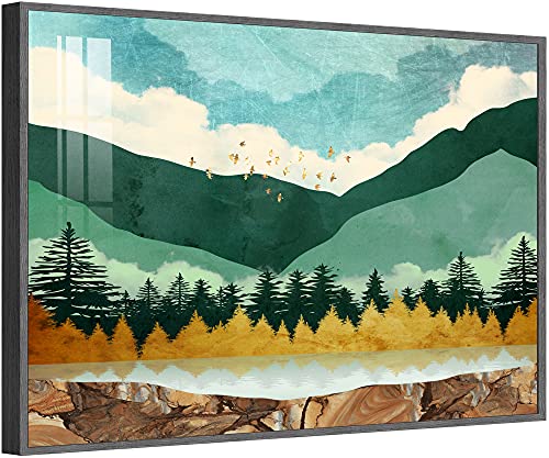 A Nordic-style piece of wall art depicting mountains and a lake