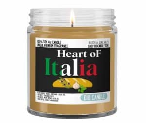 A candle with a lable from "heart of Italia"