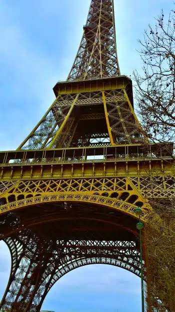 A photo of the Eiffel Tower from under