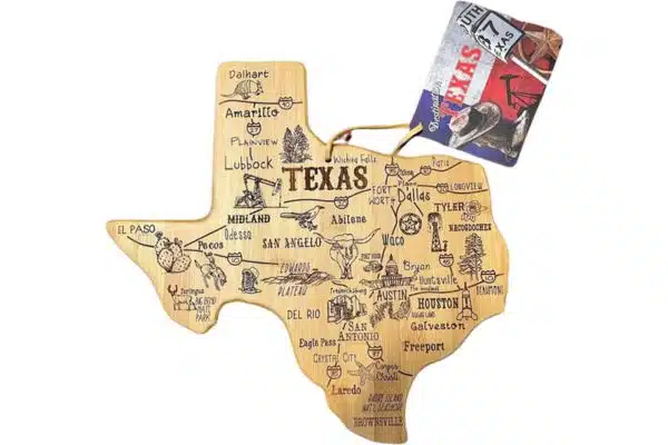 A bamboo cutting board in the shape of the map of Texas with icons of highlighst from the state