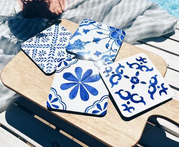 Greek-inspired coasters with a blue tile print