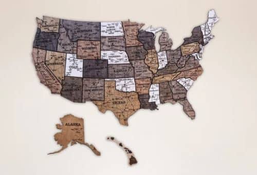 A wooden map of the United States