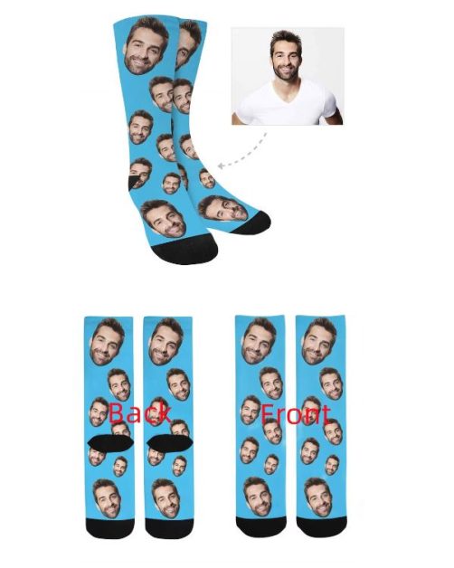 Blue socks with photos of a man's face on it